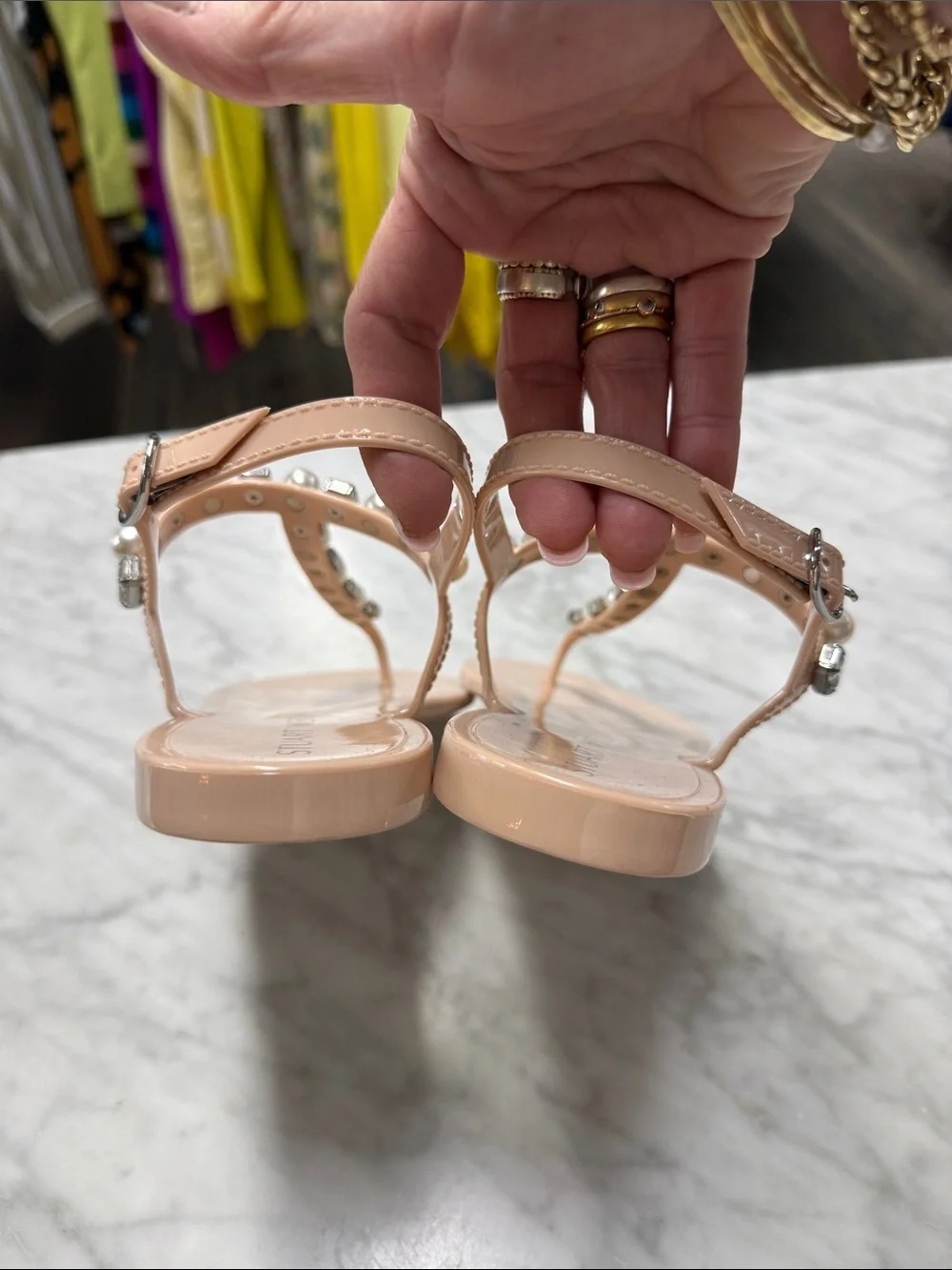 Stuart Weitzman NEW Goldie Jelly Crystal and Pearl Embellished T-Strap Sandal 9